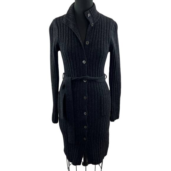 VTG Lauren RALPH LAUREN Gray Lambswool Tie Button Midi Duster Cardigan Sweater S - Picture 1 of 10